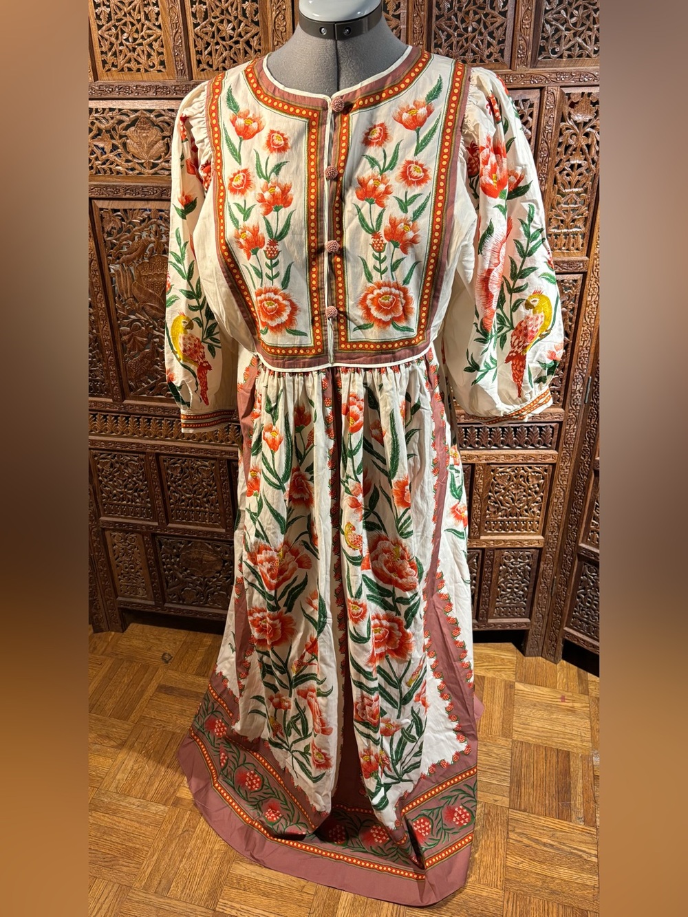 Farm Rio Floral Print Maxi Dress - Cream with Brown, Red & Green